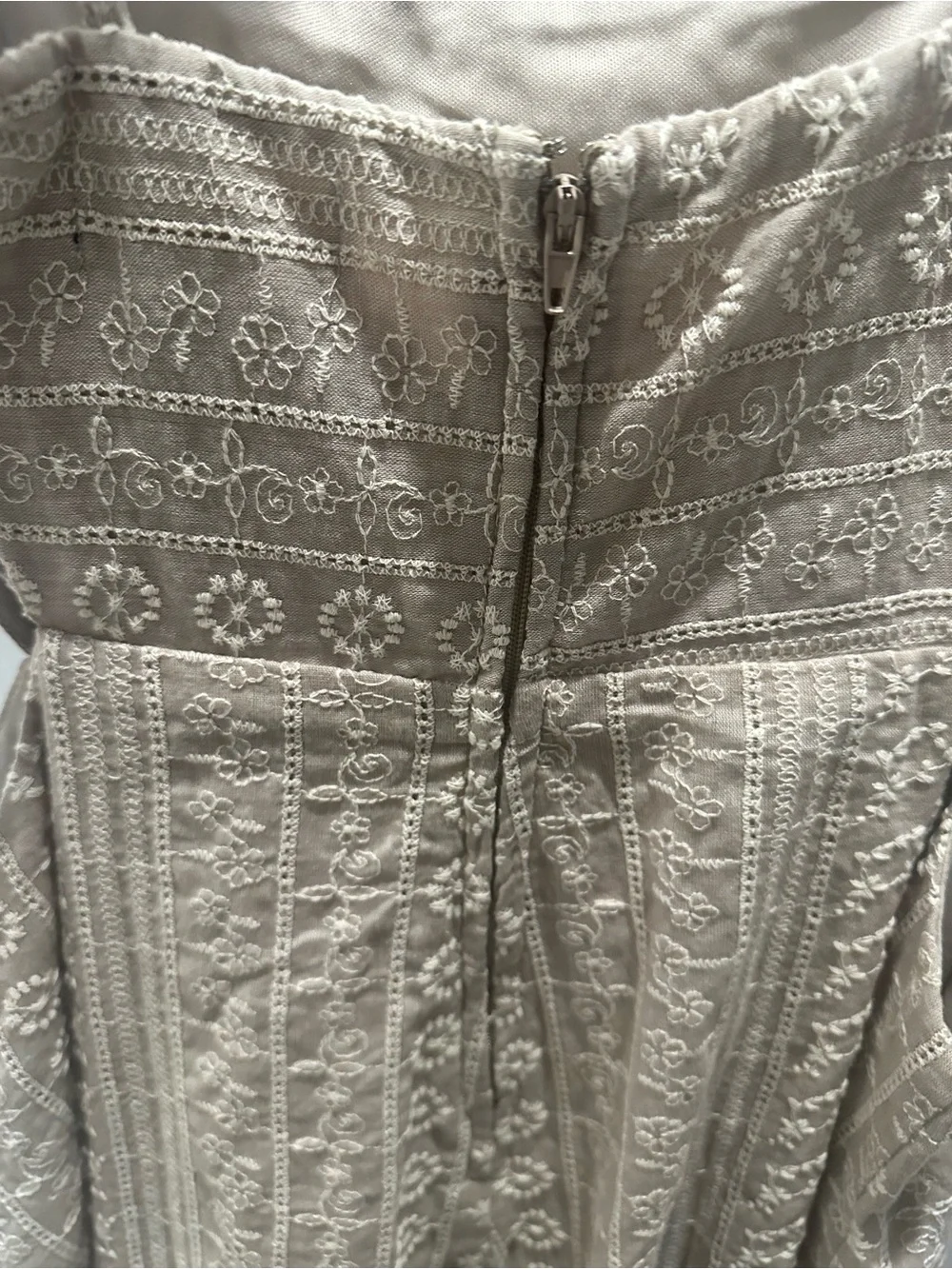 NWT. Medium Juniors, Altar'd State Taupe embroidered cutout Mini Dress - Picture 6 of 9